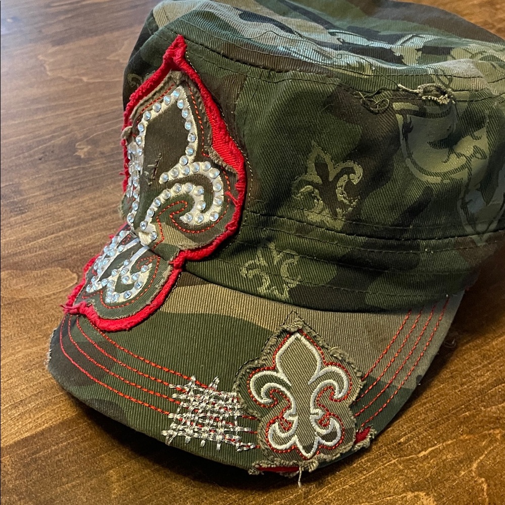 Camouflage Distressed Cap with Embroidery and Embellishments